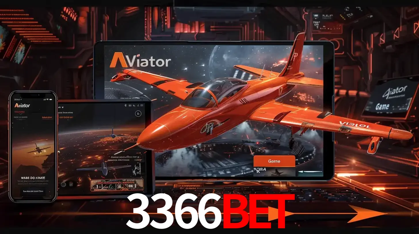 Apresentação tecnológica do jogo Aviator com um avião saindo da tela de um tablet, demonstrando a experiência imersiva em múltiplos dispositivos no 3366BET.