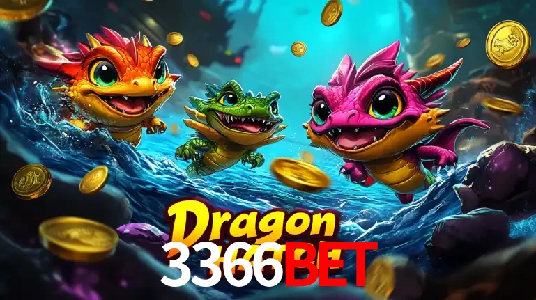 Arte promocional do jogo Dragon Hatch com três adoráveis dragões bebês nadando entre moedas de ouro, um dos slots mais divertidos para jogar no cassino 3366BET.