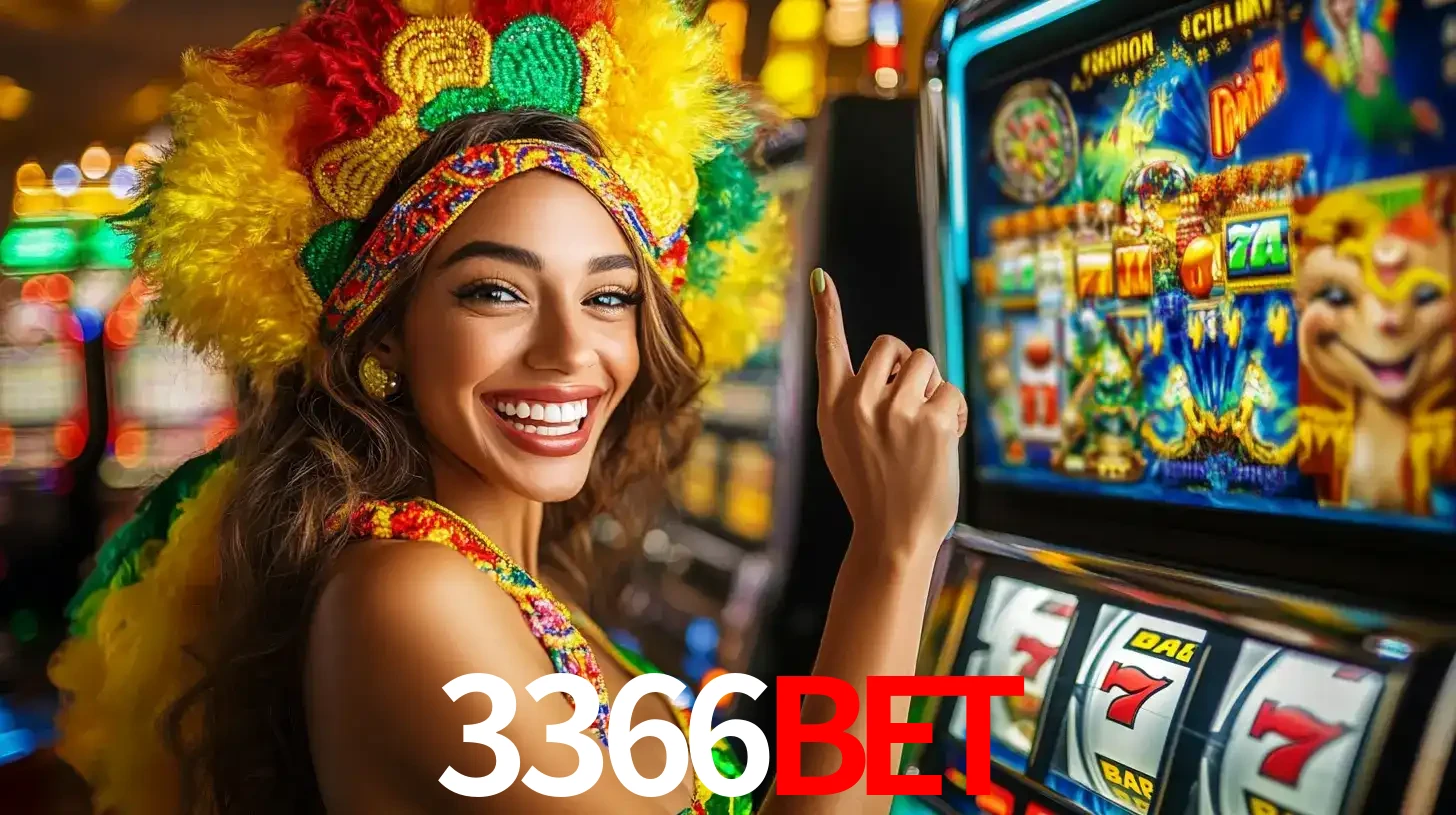 Mulher animada com um cocar de carnaval apontando para uma máquina de caça-níqueis, mostrando a emoção de ganhar um grande prêmio nos jogos do 3366BET.
