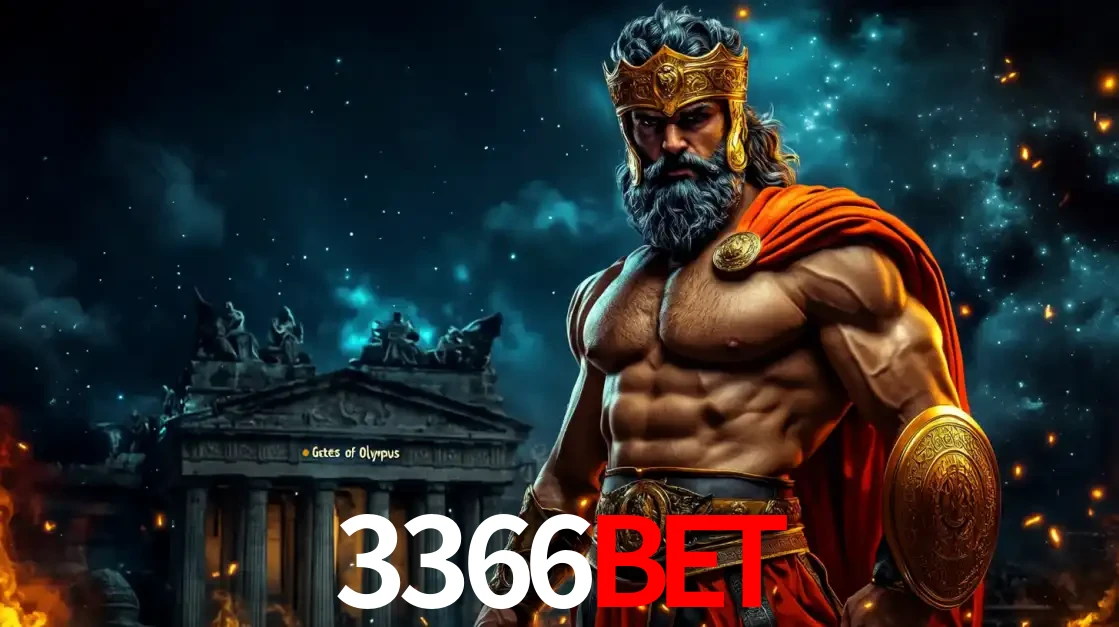 O poderoso Zeus do jogo de slot Gates of Olympus em frente ao seu templo, pronto para lançar multiplicadores divinos e prêmios épicos no cassino online 3366BET.