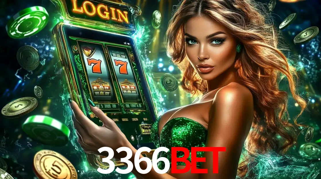 Mulher com tema verde apresentando o aplicativo do cassino 3366BET com um jogo de slot de 777, cercada por fichas de cassino e uma aura de sorte.
