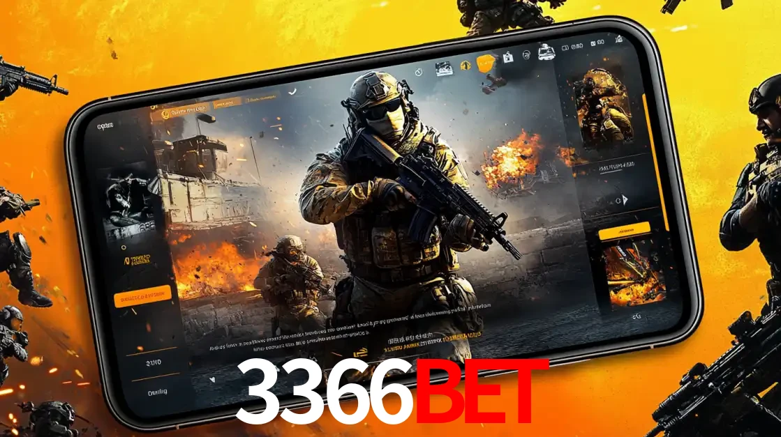 Um smartphone exibindo a interface de um jogo de tiro em primeira pessoa, com um soldado em um cenário de batalha, representando a ação dos e-sports para apostar no 3366BET.