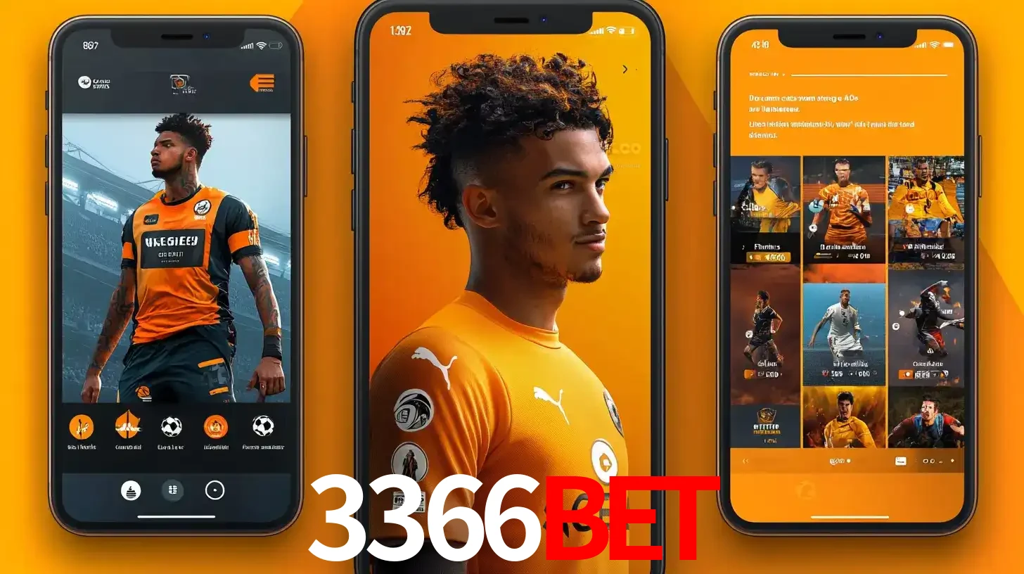 Interface do aplicativo de apostas esportivas 3366BET em três telas de celular, mostrando o perfil de um jogador de futebol e a lista de jogos disponíveis para apostar.
