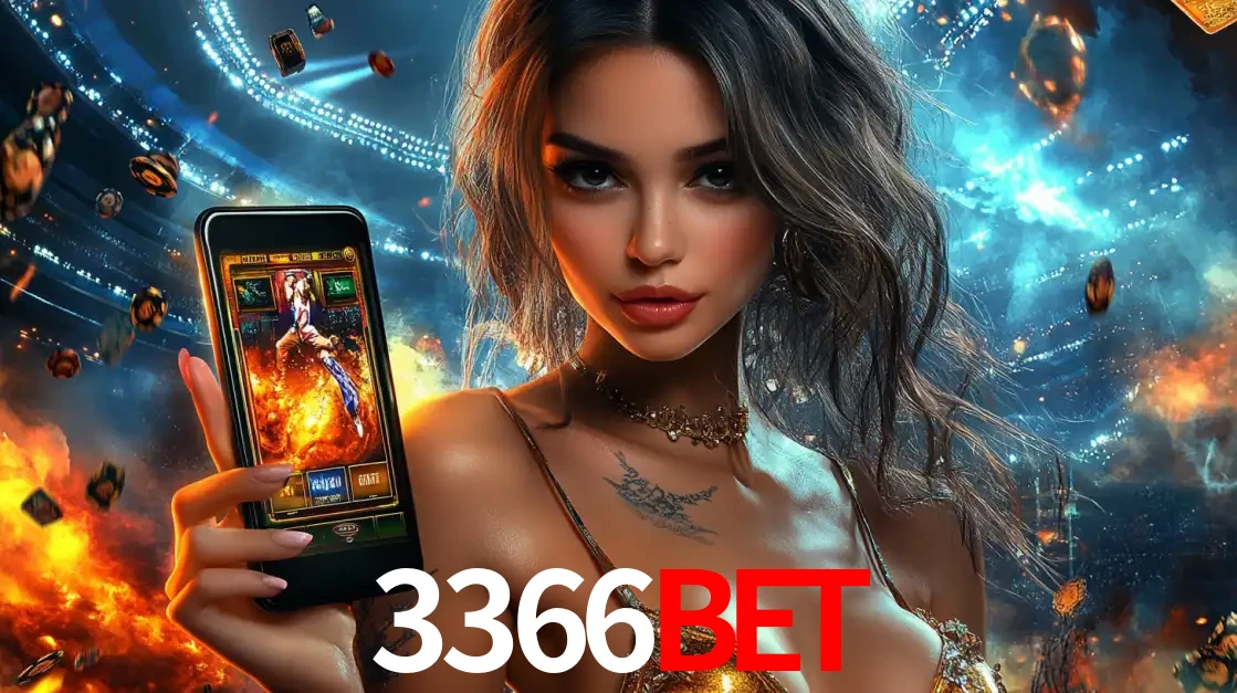 Mulher segurando um celular com um jogo de slot em destaque, tendo como fundo um estádio vibrante, simbolizando a emoção de jogar no cassino móvel 3366BET.