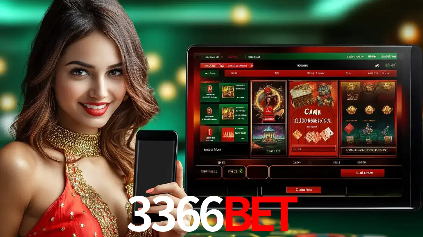 Mulher sorridente segurando um smartphone, ao lado de uma tela exibindo o lobby de jogos do cassino online 3366BET, com várias opções de jogos de cartas e slots.
